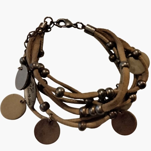 Plunder Multi Strand Leather Metal Disc Charm Bracelet - Picture 1 of 5